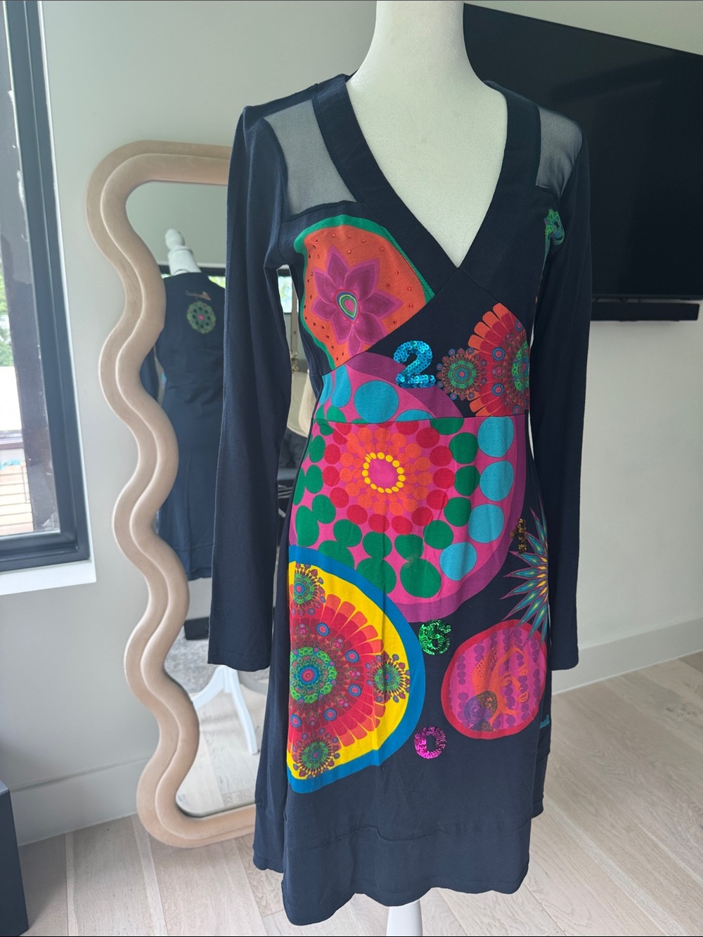 Desigual Navy V-Neck Long Sleeve Dress with Vibrant Multicolor Print